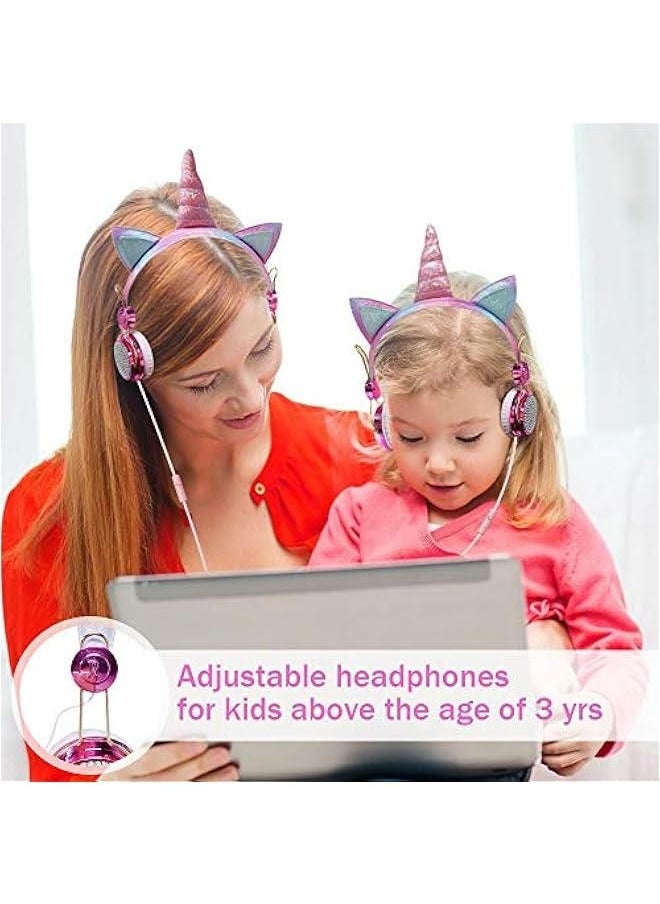 Unicorn Kids Headphones for Girls Children Teens, Wired Headphones for Kids with Adjustable Headband, 3.5mm Jack and Over On Ear Headset w/Mic for School Birthday Xmas Unicorn Gift