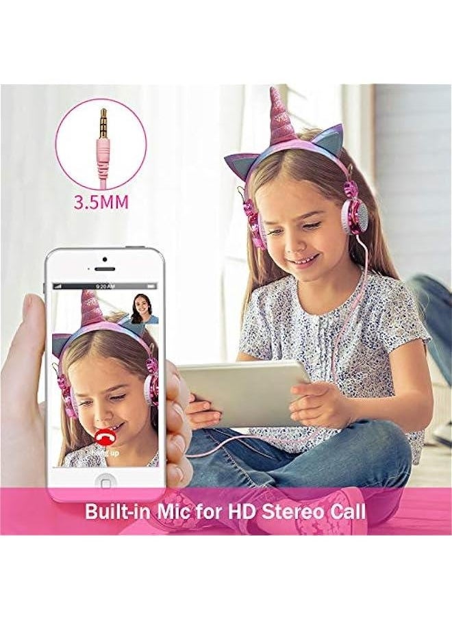 Unicorn Kids Headphones for Girls Children Teens, Wired Headphones for Kids with Adjustable Headband, 3.5mm Jack and Over On Ear Headset w/Mic for School Birthday Xmas Unicorn Gift