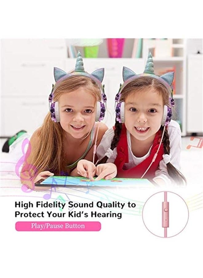 Unicorn Kids Headphones for Girls Children Teens, Wired Headphones for Kids with Adjustable Headband, 3.5mm Jack and Over On Ear Headset w/Mic for School Birthday Xmas Unicorn Gift