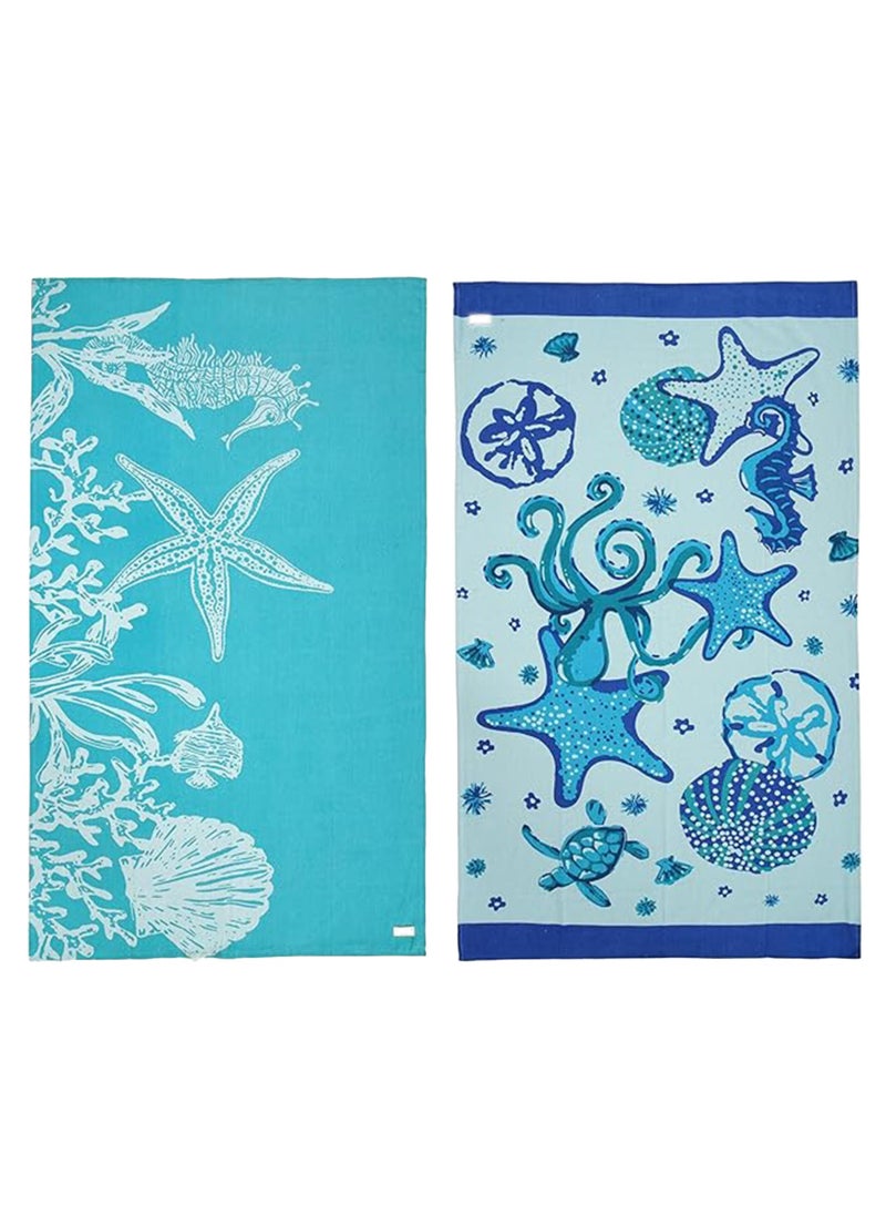 100% Cotton Beach Towels Set Pack of 2, 39x71 inches, Quick Dry and Highly Absorbent Towels,STARFISH & SERENADE