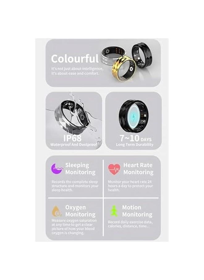 Smart Ring Fitness Ring for Women Men, Multiple Sport Modes Health Ring with Heart Rate Sleep Monitor, IP68 Waterproof Step Counter Calorie Tracking Ring (Silver)