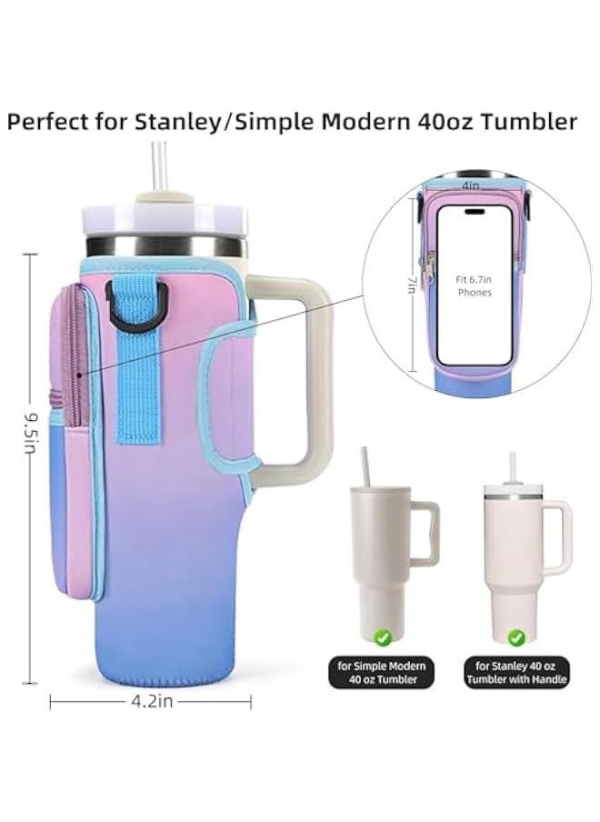 Durku Water Bottle Carrier Bag with Phone Pocket for Stanley 40/30 oz Tumbler Neoprene Water Bottle Holder Pouch with Adjustable Strap Bollus for Stanley Cup Accessories (Purple)