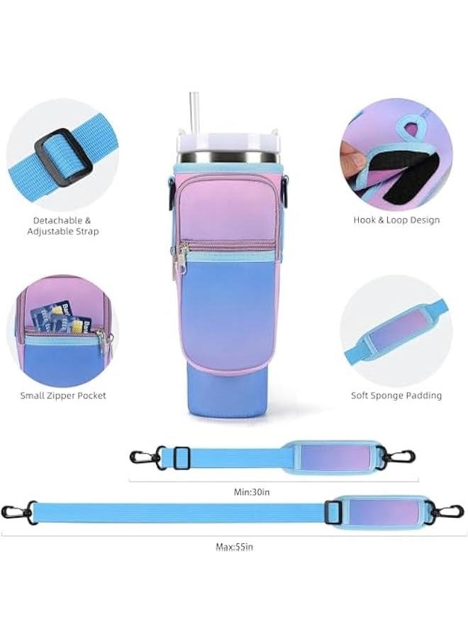 Durku Water Bottle Carrier Bag with Phone Pocket for Stanley 40/30 oz Tumbler Neoprene Water Bottle Holder Pouch with Adjustable Strap Bollus for Stanley Cup Accessories (Purple)