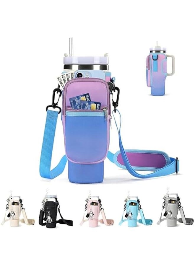 Durku Water Bottle Carrier Bag with Phone Pocket for Stanley 40/30 oz Tumbler Neoprene Water Bottle Holder Pouch with Adjustable Strap Bollus for Stanley Cup Accessories (Purple)