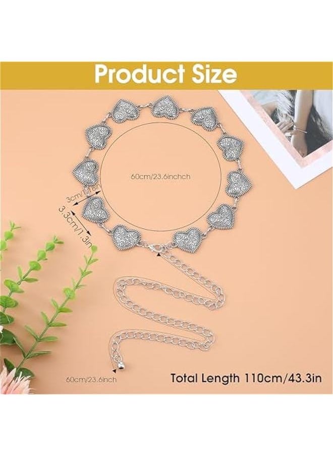 Western Heart Chain Belts for Women, Metal Concho Belt Trendy Cowgirl Boho Belt for Country Skirt Jeans Dresses Pants