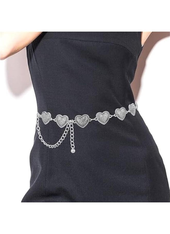 Western Heart Chain Belts for Women, Metal Concho Belt Trendy Cowgirl Boho Belt for Country Skirt Jeans Dresses Pants