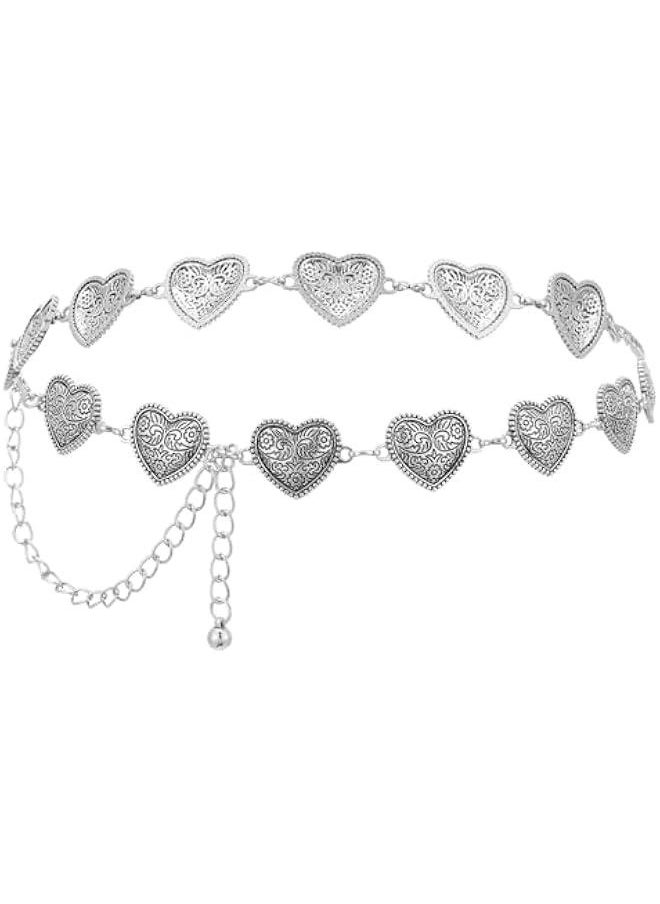 Western Heart Chain Belts for Women, Metal Concho Belt Trendy Cowgirl Boho Belt for Country Skirt Jeans Dresses Pants