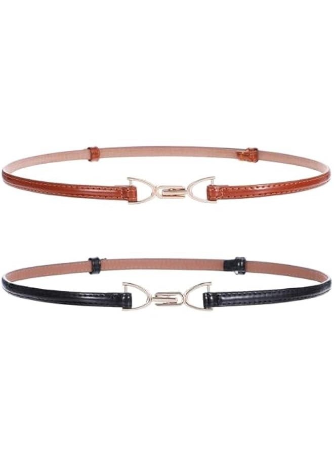 2Pcs Thin Belts for Women, Skinny Women Leather Belt Adjustable Black Belt for Women Dress Jeans with Gold Buckle