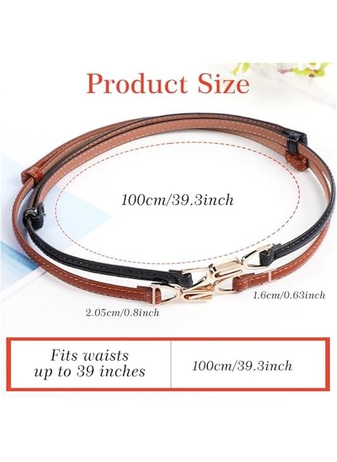 2Pcs Thin Belts for Women, Skinny Women Leather Belt Adjustable Black Belt for Women Dress Jeans with Gold Buckle