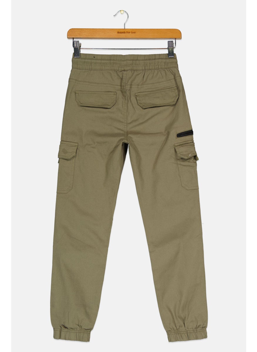 Kids Boy Plain Drawstring Cargo Pants, Olive