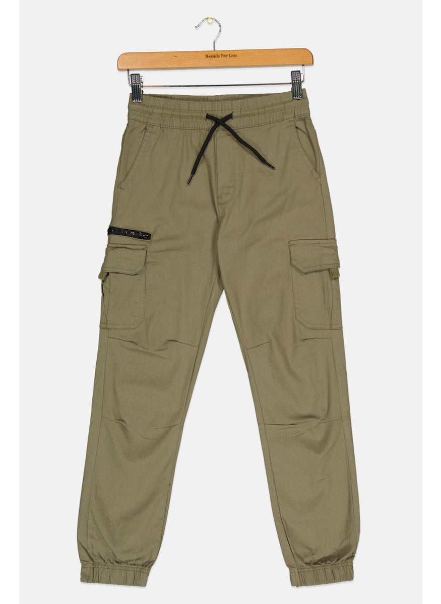 Kids Boy Plain Drawstring Cargo Pants, Olive