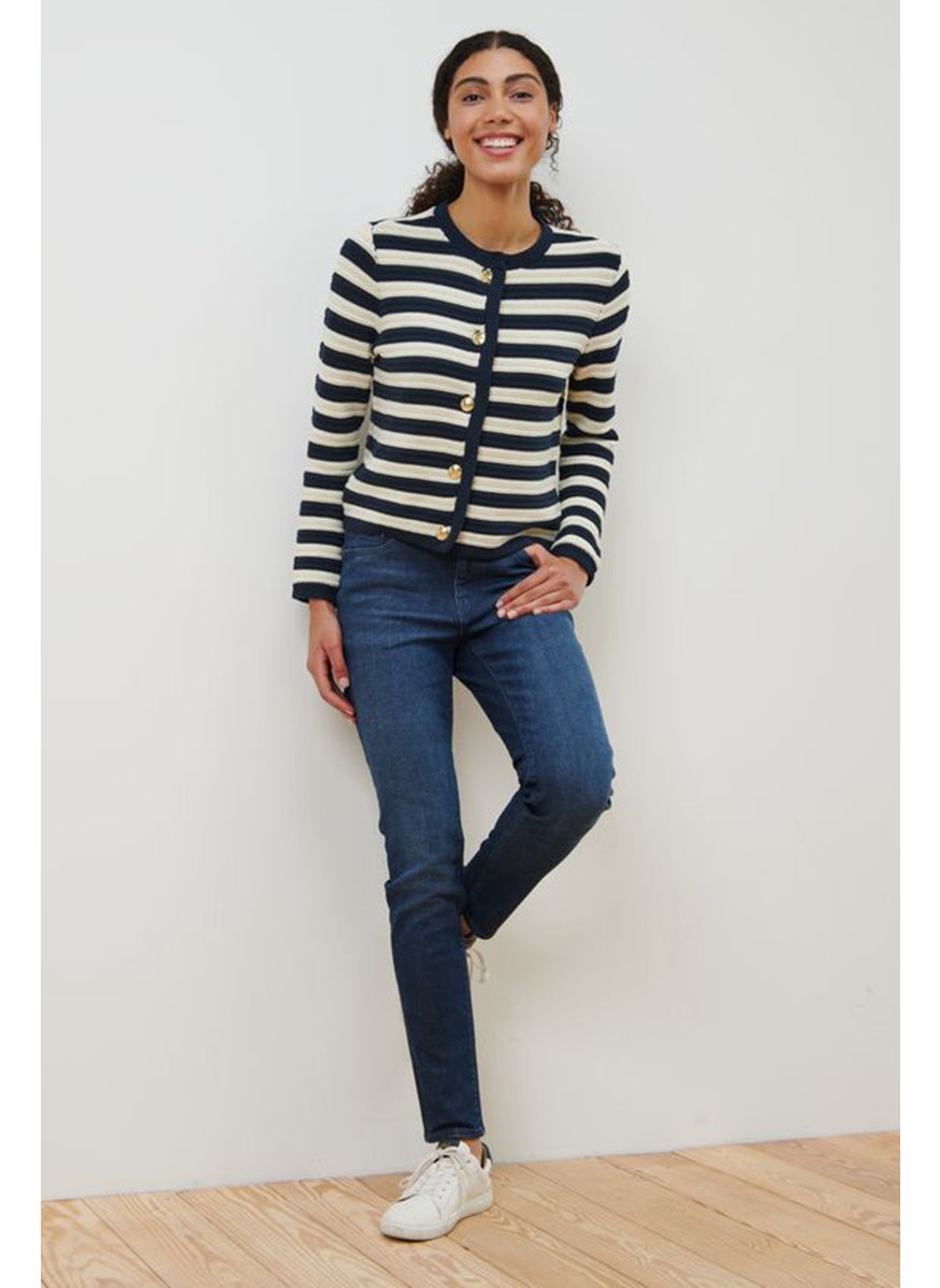 Women Round Neck Stripe Cardigan, Navy Blue