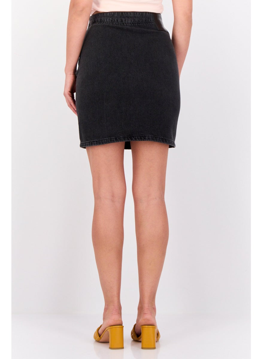 Women Washed Denim Mini Skirt, Black