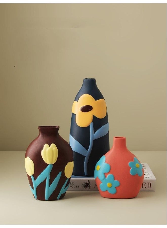 Creative Home Decor Set Of 3 Pcs Painted Ceramic Vases With Morandi Color For Living Room