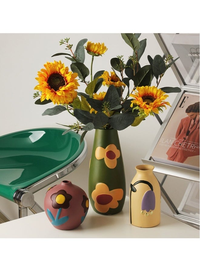 Creative Home Decor Set Of 3 Pcs Painted Ceramic Vases With Morandi Color For Living Room With Simulated Flower Set