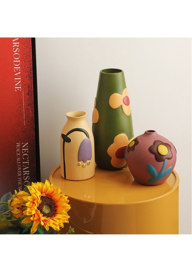 Creative Home Decor Set Of 3 Pcs Painted Ceramic Vases With Morandi Color For Living Room With Simulated Flower Set