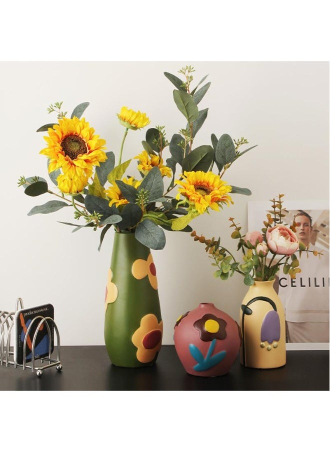 Creative Home Decor Set Of 3 Pcs Painted Ceramic Vases With Morandi Color For Living Room With Simulated Flower Set