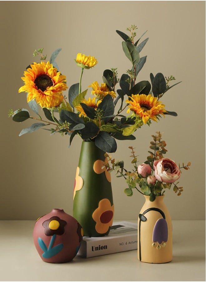 Creative Home Decor Set Of 3 Pcs Painted Ceramic Vases With Morandi Color For Living Room With Simulated Flower Set