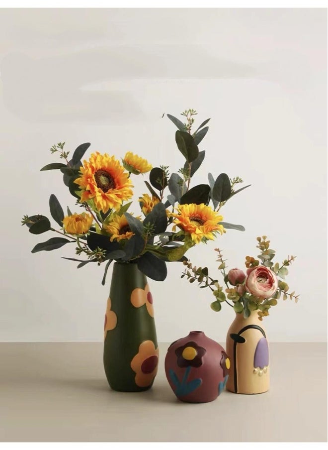 Creative Home Decor Set Of 3 Pcs Painted Ceramic Vases With Morandi Color For Living Room With Simulated Flower Set