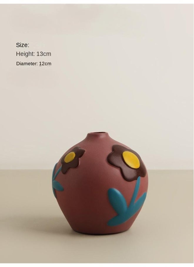 1 Pcs Creative Home Morandi Painted Ceramic Vase Living Room Decoration With Small Daisy Pattern 13cm High