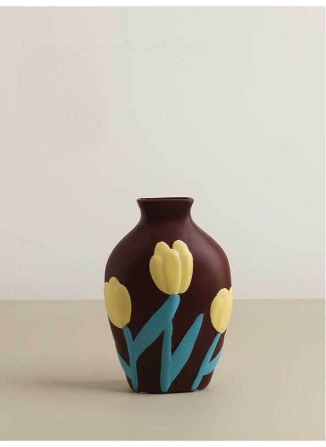 1 Pcs Creative Home Morandi Painted Ceramic Vase Living Room Decoration 17.3cm High
