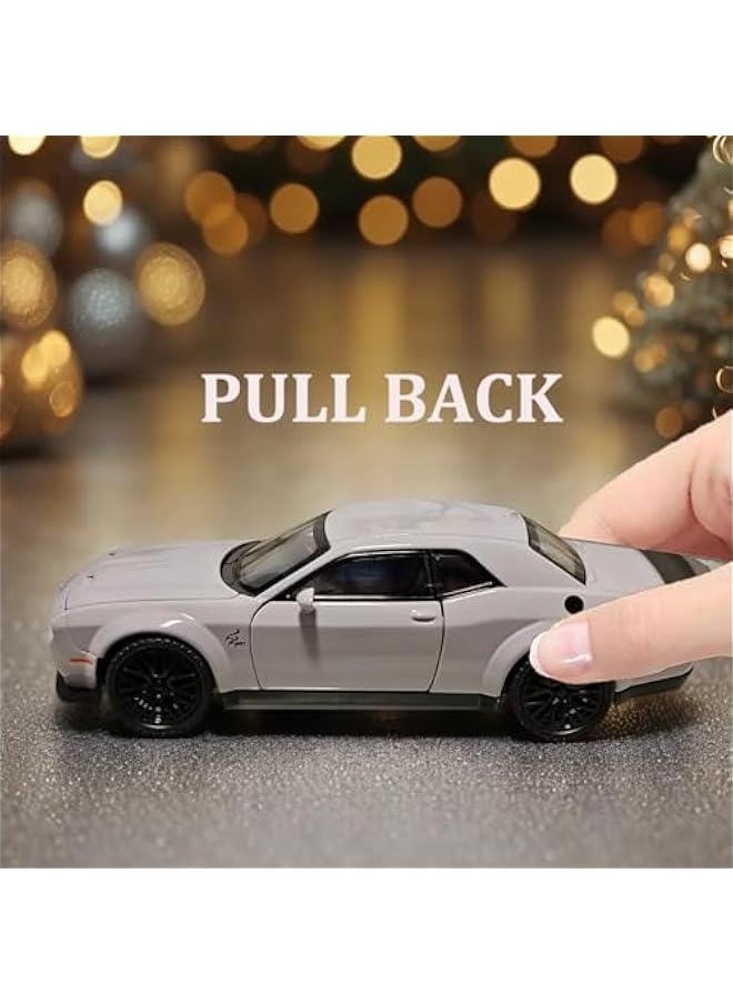 Toy Car Dodge Challenger Hellcat 1/32 Alloy Model Car with Light and Sound Collectible Model Cars Pull Back Toy Vehicles for Boys Children Age 3 + Year Old (Gray)