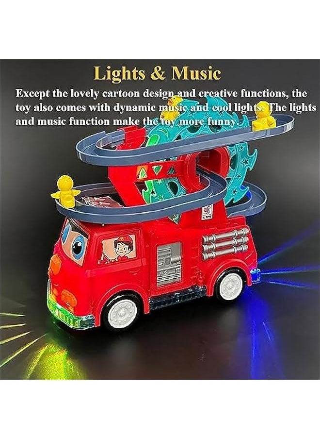 2 in 1 Fire Engine Slide Toy Set, Automatic Slide Down Duck Toy Race Track Toy Rotating Ferris Wheel Toy Duck Slide Toy Fire Truck Toy with Universal Wheel, Movable Eyes, Music & Lights