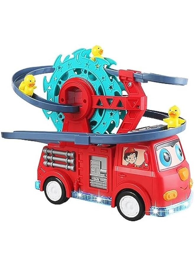 2 in 1 Fire Engine Slide Toy Set, Automatic Slide Down Duck Toy Race Track Toy Rotating Ferris Wheel Toy Duck Slide Toy Fire Truck Toy with Universal Wheel, Movable Eyes, Music & Lights