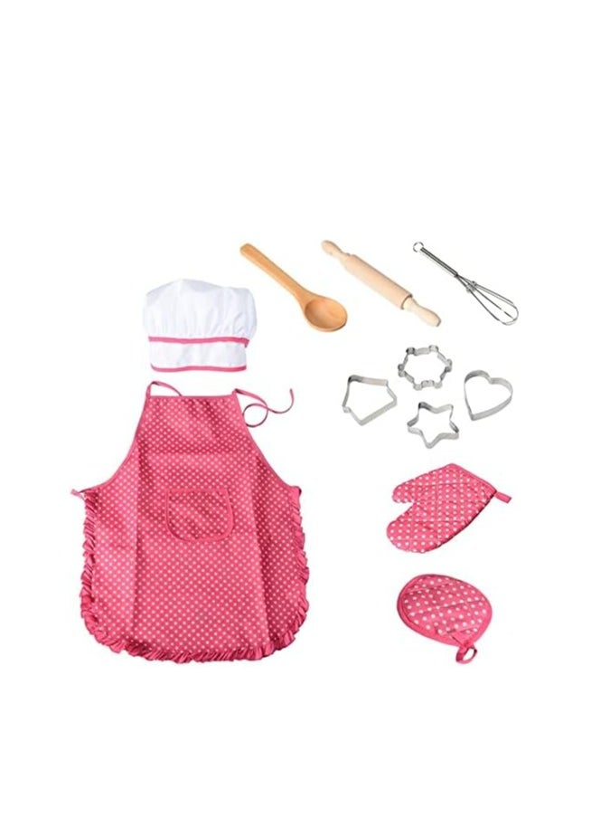 11 piece set Chef Set for Kids,11pcs Kitchen Costume Role Play Kits,Girls Apron with Chef Hat,Cooking Mitt and Cookie Cutters (Rose red)