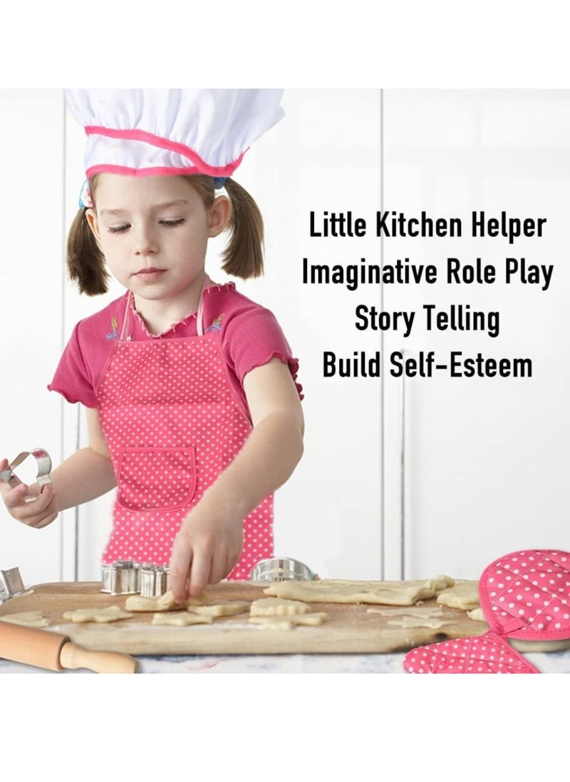 11 piece set Chef Set for Kids,11pcs Kitchen Costume Role Play Kits,Girls Apron with Chef Hat,Cooking Mitt and Cookie Cutters (Rose red)