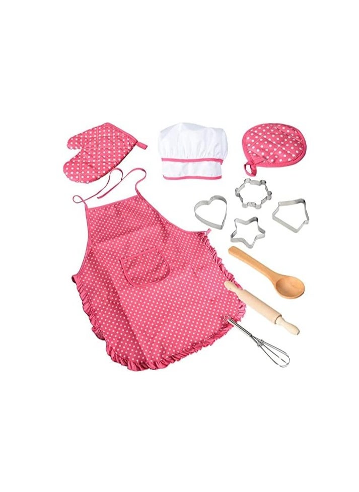 11 piece set Chef Set for Kids,11pcs Kitchen Costume Role Play Kits,Girls Apron with Chef Hat,Cooking Mitt and Cookie Cutters (Rose red)