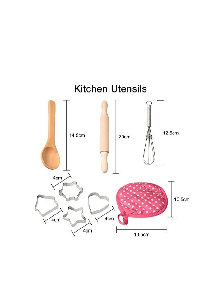 11 piece set Chef Set for Kids,11pcs Kitchen Costume Role Play Kits,Girls Apron with Chef Hat,Cooking Mitt and Cookie Cutters (Rose red)
