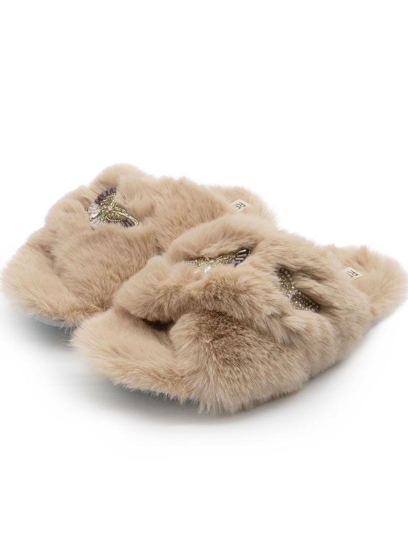 The Sadie Mink Luxury Plush Diamanté Embellished Handmade Slipper
