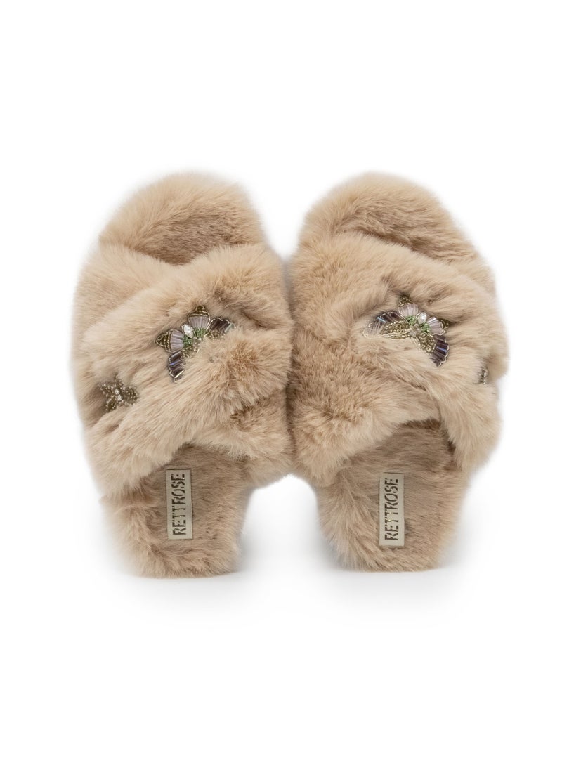 The Sadie Mink Luxury Plush Diamanté Embellished Handmade Slipper
