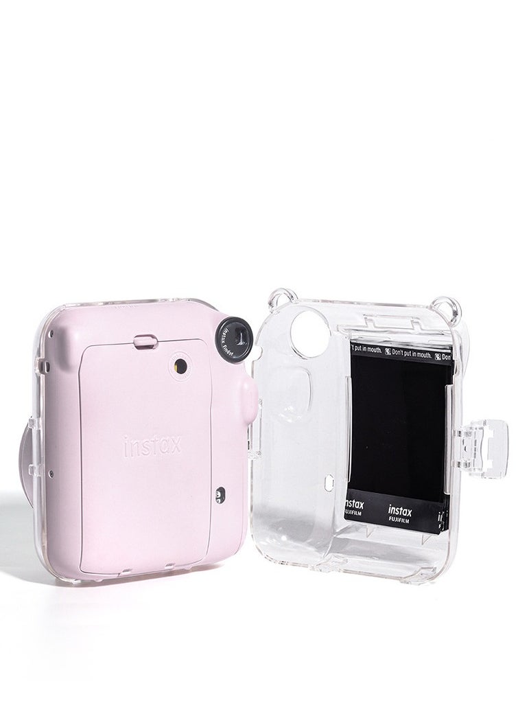 3 Pack Clear Camera Case Compatible with Fujifilm Instax Mini 12 Instant Camera - Mini 12 Hard Case with Photo Pocket Holds on Back and Adjustable Shoulder Strap & Cute Camera Sticker (Pink)