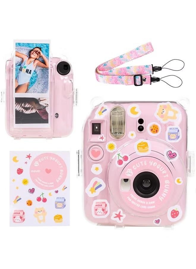 3 Pack Clear Camera Case Compatible with Fujifilm Instax Mini 12 Instant Camera - Mini 12 Hard Case with Photo Pocket Holds on Back and Adjustable Shoulder Strap & Cute Camera Sticker (Pink)