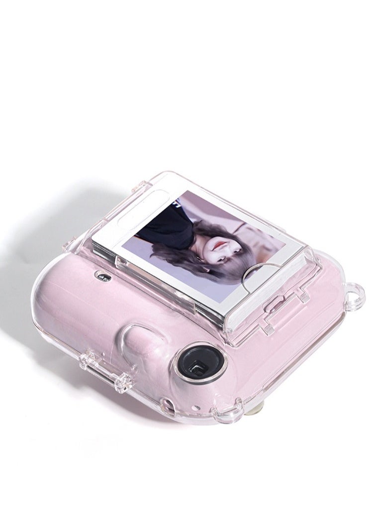3 Pack Clear Camera Case Compatible with Fujifilm Instax Mini 12 Instant Camera - Mini 12 Hard Case with Photo Pocket Holds on Back and Adjustable Shoulder Strap & Cute Camera Sticker (Pink)