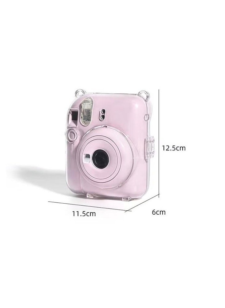 3 Pack Clear Camera Case Compatible with Fujifilm Instax Mini 12 Instant Camera - Mini 12 Hard Case with Photo Pocket Holds on Back and Adjustable Shoulder Strap & Cute Camera Sticker (Pink)