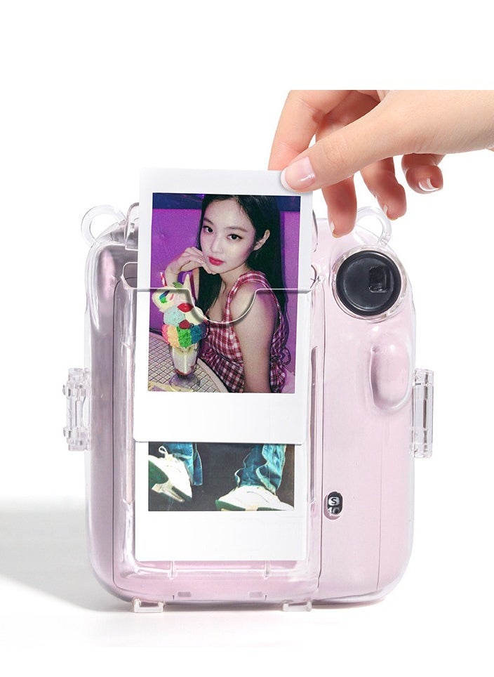 3 Pack Clear Camera Case Compatible with Fujifilm Instax Mini 12 Instant Camera - Mini 12 Hard Case with Photo Pocket Holds on Back and Adjustable Shoulder Strap & Cute Camera Sticker (Pink)