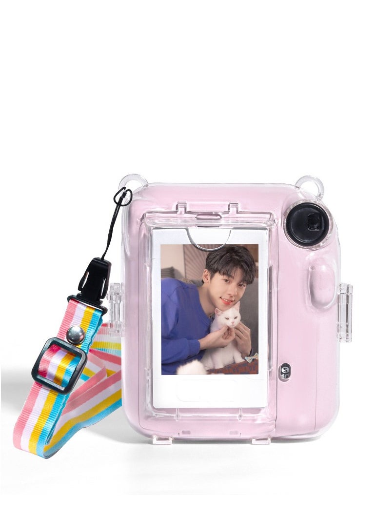 3 Pack Clear Camera Case Compatible with Fujifilm Instax Mini 12 Instant Camera - Mini 12 Hard Case with Photo Pocket Holds on Back and Adjustable Shoulder Strap & Cute Camera Sticker (Pink)