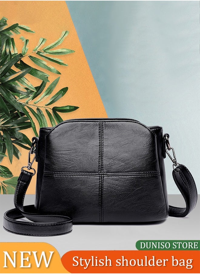 Women's crossbody bag, PU square bucket handbag, adjustable shoulder strap, suitable for storing mobile phones, power banks, umbrellas, cosmetics, 23 * 17 * 12cm, black