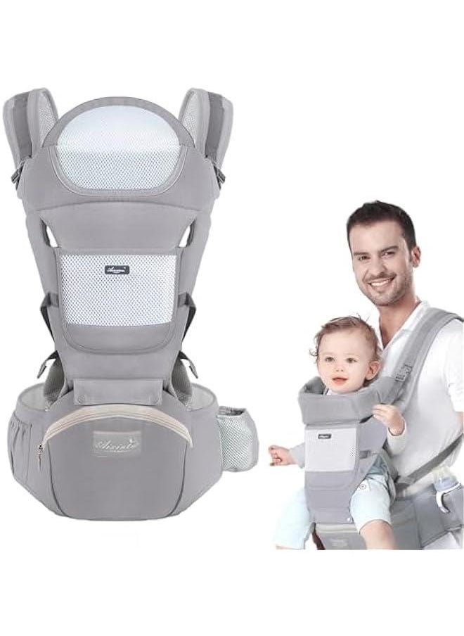 Baby Carrier with Hip Seat, Multi-Functional 9 in 1 Baby Carrier Newborn to Toddler for All Seasons, Baby Backpack Carrier for Toddler, Infant Newborn, Multifunctional Carrier (Light grey)