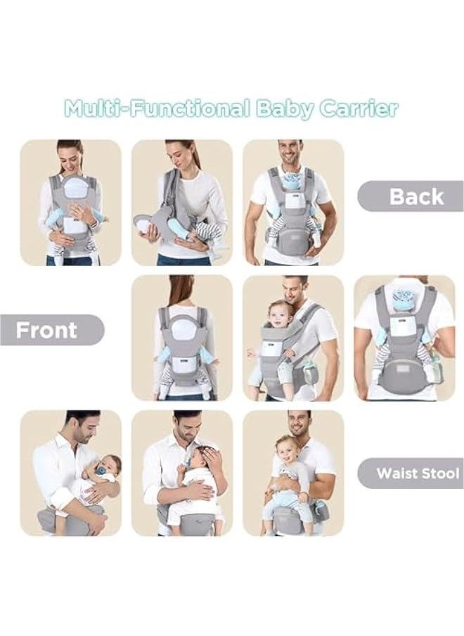 Baby Carrier with Hip Seat, Multi-Functional 9 in 1 Baby Carrier Newborn to Toddler for All Seasons, Baby Backpack Carrier for Toddler, Infant Newborn, Multifunctional Carrier (Light grey)