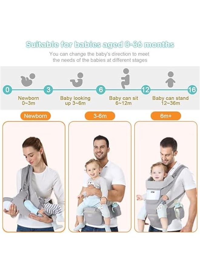 Baby Carrier with Hip Seat, Multi-Functional 9 in 1 Baby Carrier Newborn to Toddler for All Seasons, Baby Backpack Carrier for Toddler, Infant Newborn, Multifunctional Carrier (Light grey)
