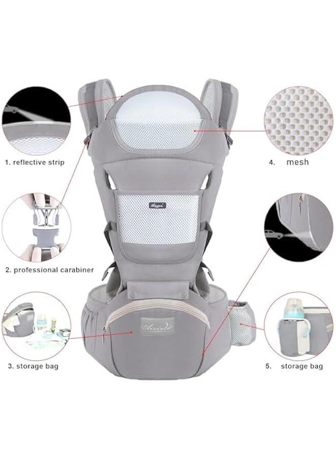 Baby Carrier with Hip Seat, Multi-Functional 9 in 1 Baby Carrier Newborn to Toddler for All Seasons, Baby Backpack Carrier for Toddler, Infant Newborn, Multifunctional Carrier (Light grey)