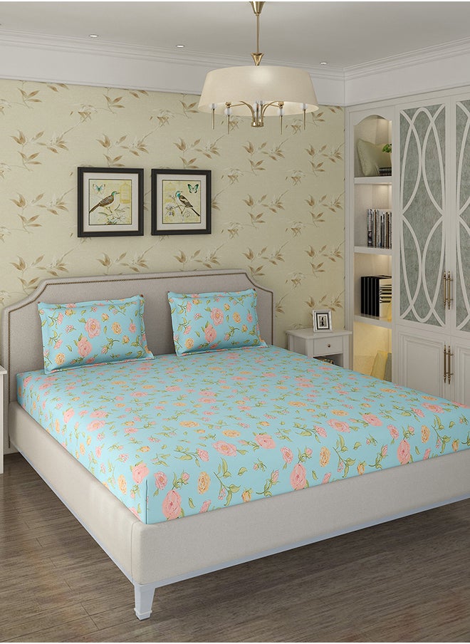 Spring Summer Collection-Cotton Rich Double Bedsheet with 2 Pillow Covers for Bed Room, Home, Hotel-120 GSM, Blue-Pink Flowers, 210 X 215 Cm