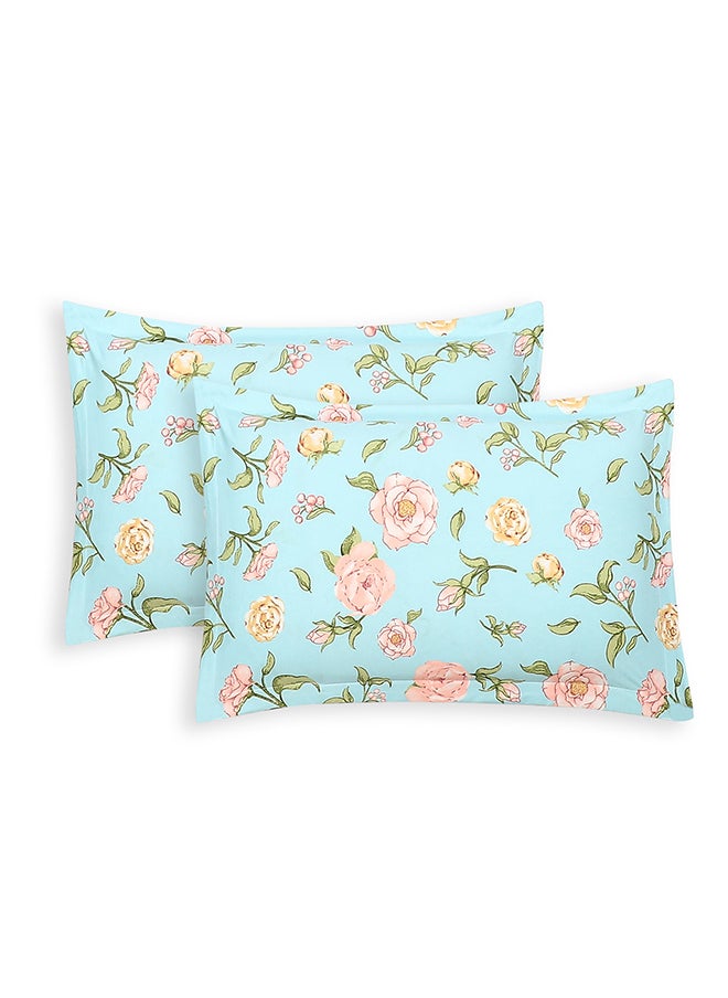 Spring Summer Collection-Cotton Rich Double Bedsheet with 2 Pillow Covers for Bed Room, Home, Hotel-120 GSM, Blue-Pink Flowers, 210 X 215 Cm
