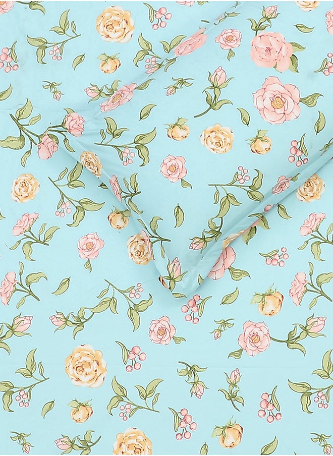 Spring Summer Collection-Cotton Rich Double Bedsheet with 2 Pillow Covers for Bed Room, Home, Hotel-120 GSM, Blue-Pink Flowers, 210 X 215 Cm