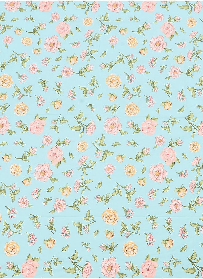 Spring Summer Collection-Cotton Rich Double Bedsheet with 2 Pillow Covers for Bed Room, Home, Hotel-120 GSM, Blue-Pink Flowers, 210 X 215 Cm