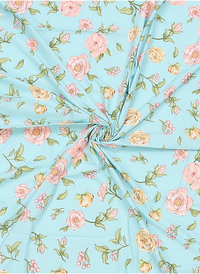 Spring Summer Collection-Cotton Rich Double Bedsheet with 2 Pillow Covers for Bed Room, Home, Hotel-120 GSM, Blue-Pink Flowers, 210 X 215 Cm